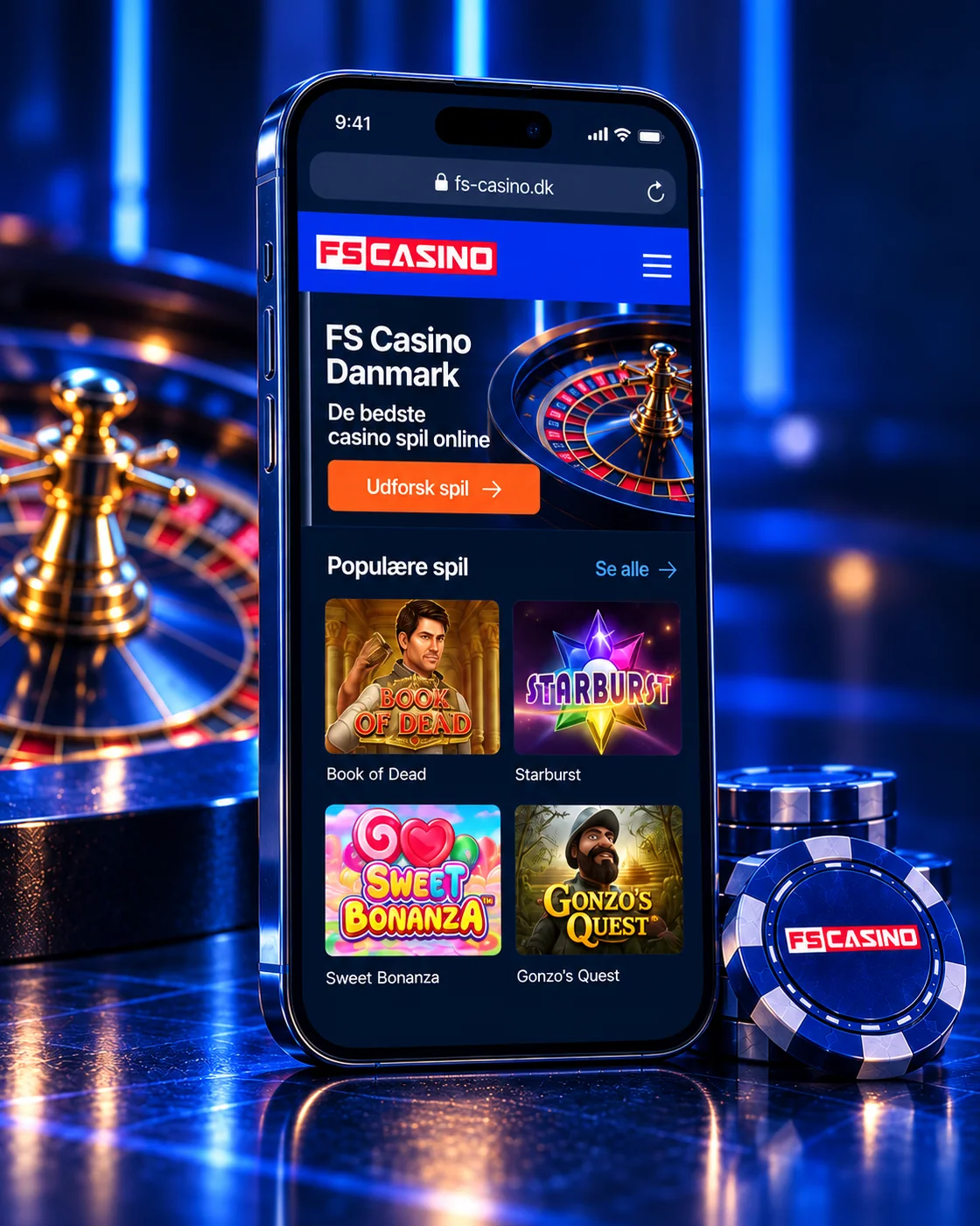 Illustration af FS Casinos mobilside i en browser på en smartphone